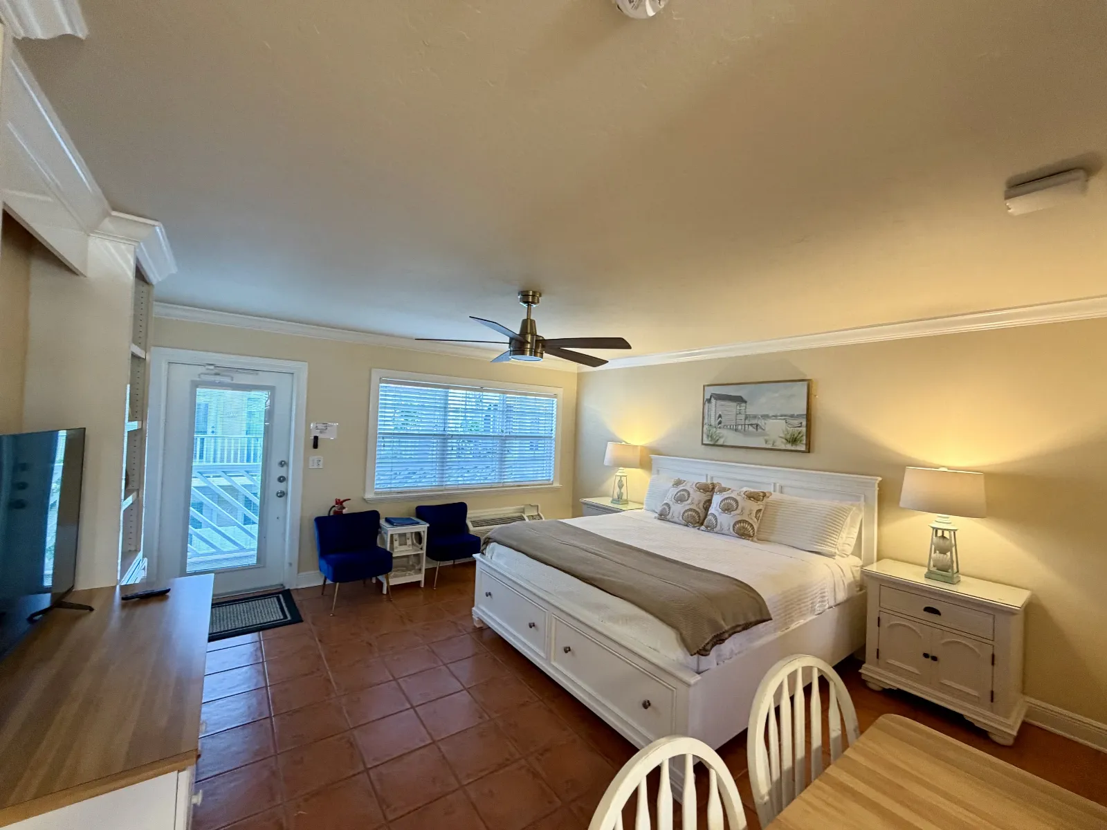 Full view from kitchen of resort hotel room and new bed items