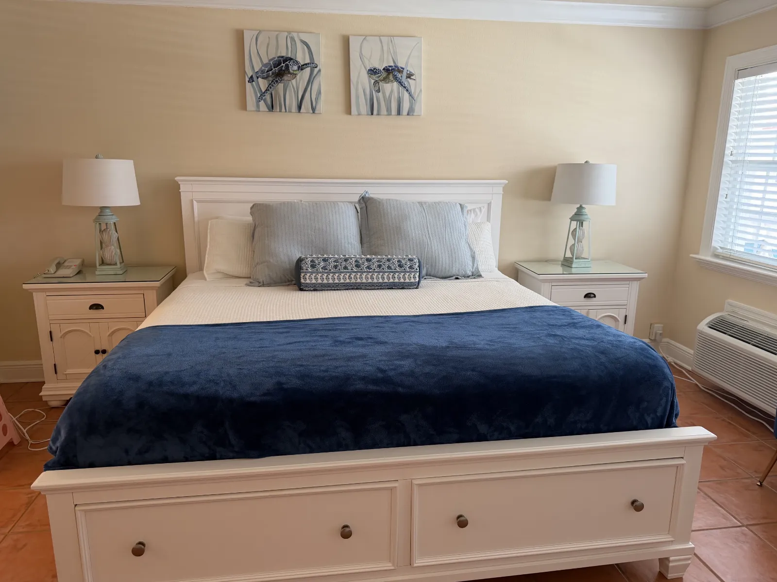 New light blue pillows with royal blue throw blanket
